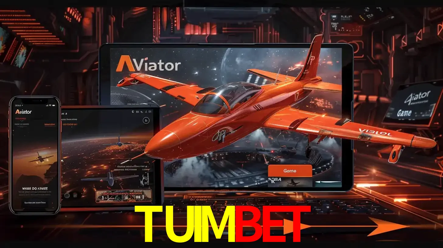 Apresentação tecnológica do jogo Aviator com um avião saindo da tela de um tablet, demonstrando a experiência imersiva em múltiplos dispositivos no TUIMBET.