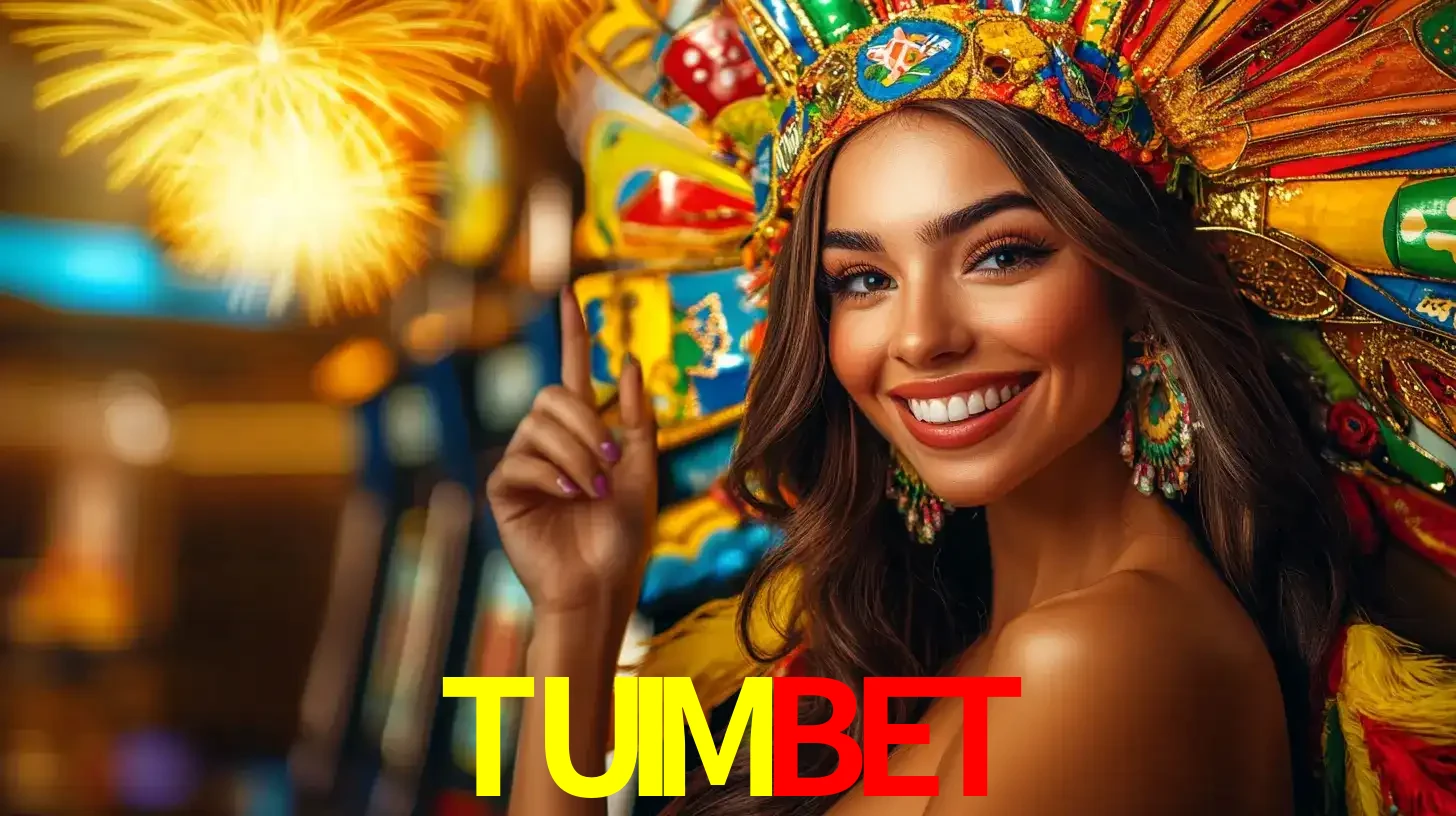 Mulher sorridente com um cocar de carnaval vibrante e colorido, celebrando uma grande vitória nos jogos do cassino TUIMBET com fogos de artifício ao fundo.