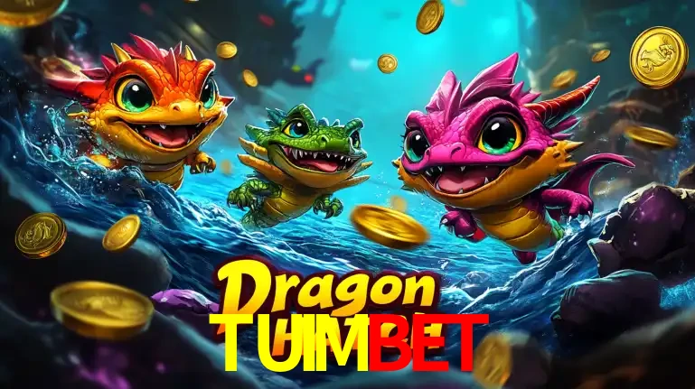 Arte promocional do jogo Dragon Hatch com três adoráveis dragões bebês nadando entre moedas de ouro, um dos slots mais divertidos para jogar no cassino TUIMBET.