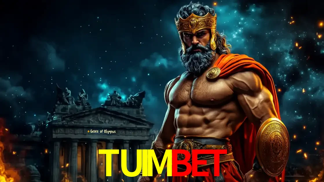 O poderoso Zeus do jogo de slot Gates of Olympus em frente ao seu templo, pronto para lançar multiplicadores divinos e prêmios épicos no cassino online TUIMBET.