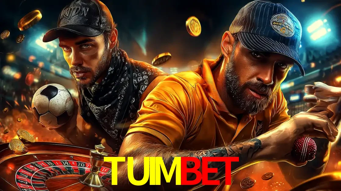 Montagem de apostas esportivas e cassino no TUIMBET, com um homem segurando uma bola de futebol e outro uma de beisebol sobre uma roleta e moedas voadoras.