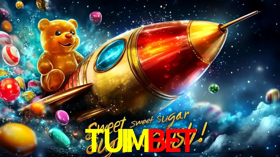 Arte promocional do jogo de slot Sugar Rush, com um urso de pelúcia em um foguete viajando pelo espaço de doces, um dos jogos divertidos disponíveis no cassino TUIMBET.