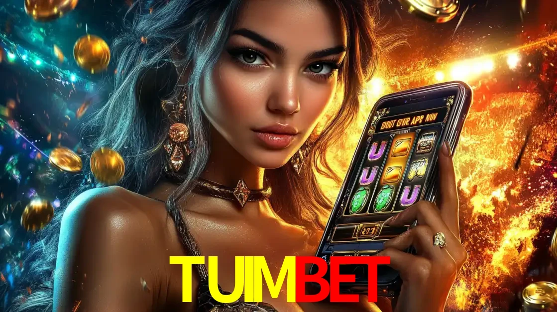 Mulher elegante mostrando um jogo de caça-níqueis em seu smartphone, destacando a experiência de cassino móvel oferecida pelo aplicativo TUIMBET.