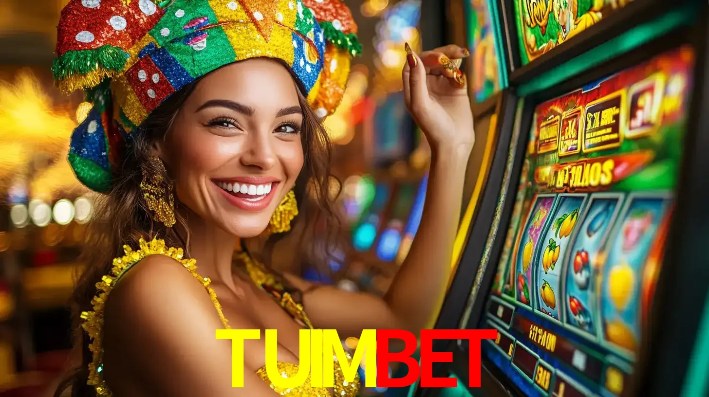 Mulher feliz com traje de carnaval amarelo e colorido ao lado de uma máquina de caça-níqueis, aproveitando a diversão e os jogos temáticos do cassino TUIMBET.
