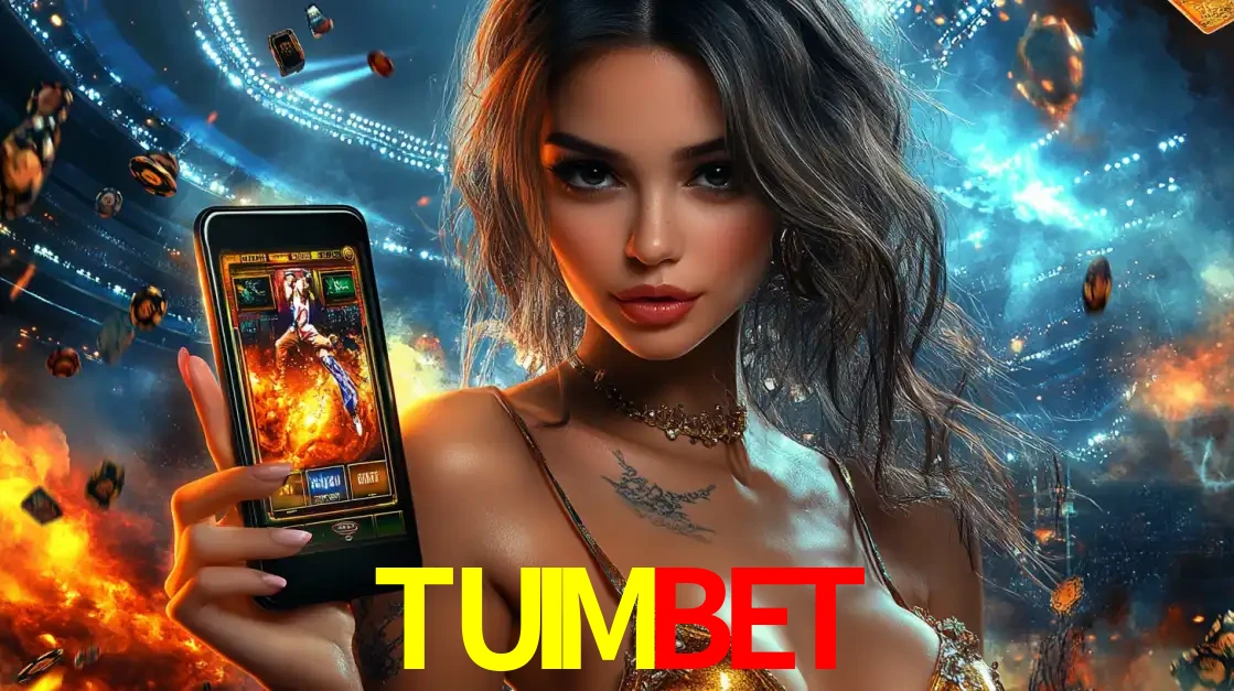 Mulher segurando um celular com um jogo de slot em destaque, tendo como fundo um estádio vibrante, simbolizando a emoção de jogar no cassino móvel TUIMBET.